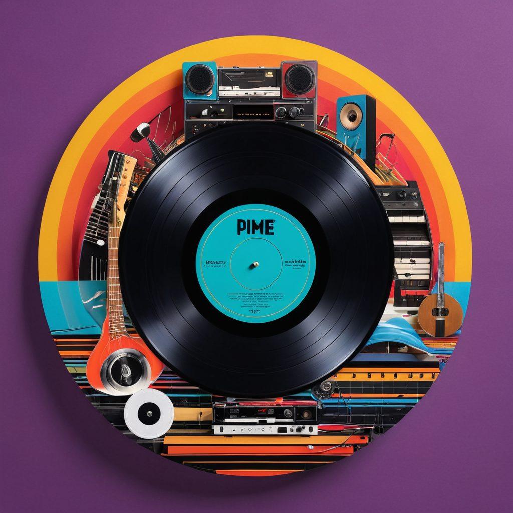 A vibrant collage showcasing the evolution of music from vinyl records to digital streaming. Include iconic instruments like a guitar, vinyl player, and headphones. Add elements representing various streaming platforms and musical genres to create a dynamic atmosphere. The background features a colorful sound wave pattern. vibrant colors. modern design. flat style.
