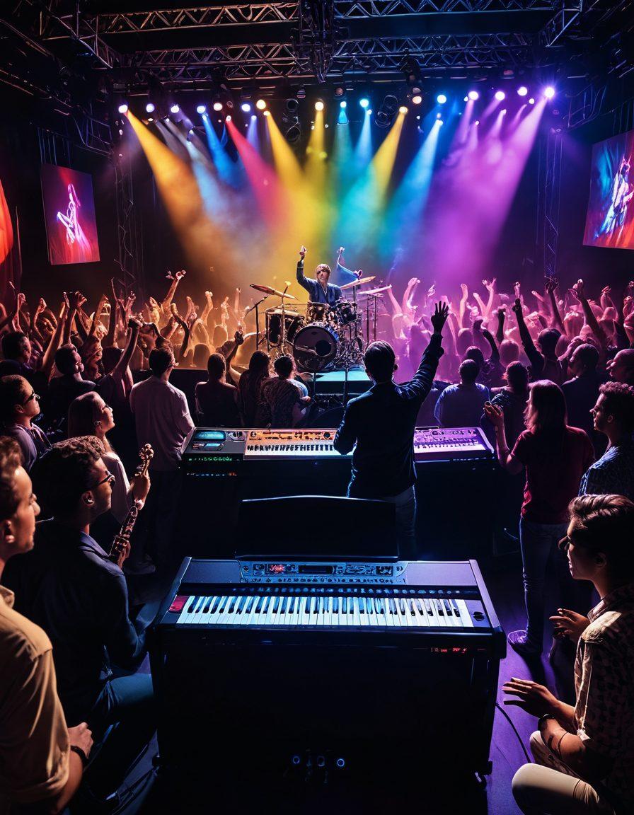 A vibrant concert scene showcasing diverse musicians performing on stage, with colorful lights illuminating the crowd. Incorporate elements of exclusive interviews and behind-the-scenes access, such as an artist discussing with fans in the foreground. Capture the energy and passion of live music, featuring various instruments and styles. Create a dynamic atmosphere with a mix of genres represented. super-realistic. vibrant colors. 3D.