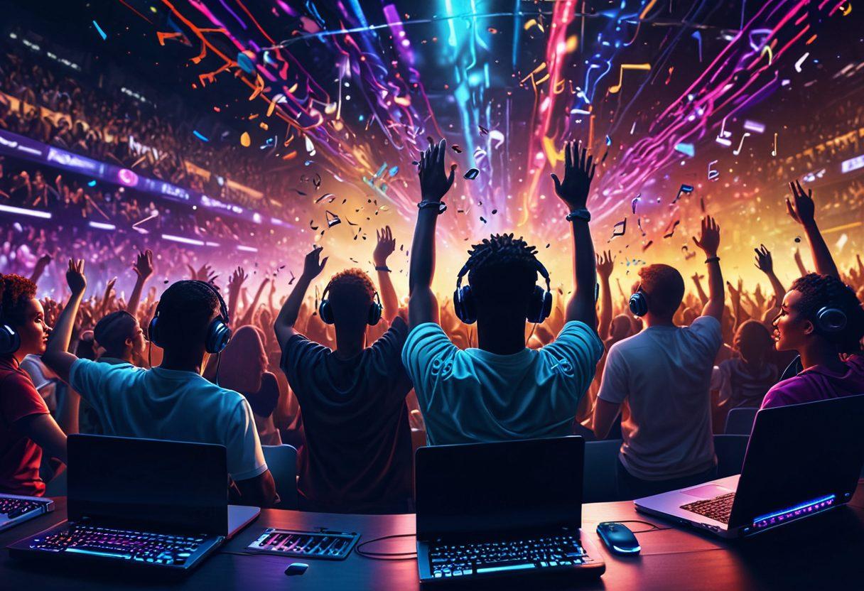 A dynamic scene depicting a diverse group of music enthusiasts enjoying a live streaming concert, surrounded by colorful sound waves and music notes floating in the air. Include elements like laptops, headphones, and vibrant visuals of popular music genres to reflect industry trends. The mood should be energetic and lively, capturing the essence of streaming success in the music world. super-realistic. vibrant colors. 3D.